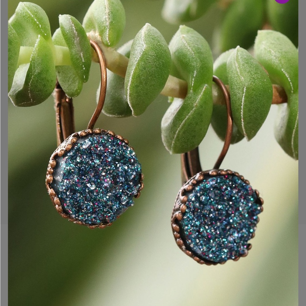 • Denim Druzy & Coppertone Drop Earrings •